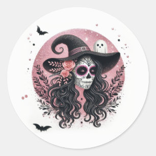 Pegatina Redonda Halloween Sugar Skull Witch