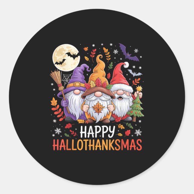 Pegatina Redonda Halloween Thanksgiving Christmas Happy Hallothanks (Anverso)