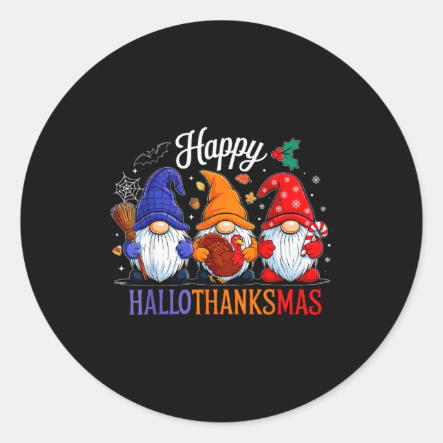 Pegatina Redonda Halloween Thanksgiving Christmas Happy Hallothanks (Anverso)