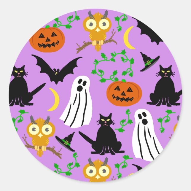 Pegatina Redonda Halloween Theme Collage Toss Pattern Purple (Anverso)