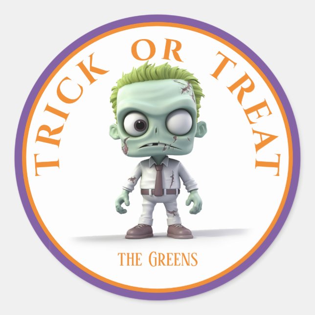 Pegatina Redonda Halloween Trick o Treth Green Head Monster (Anverso)