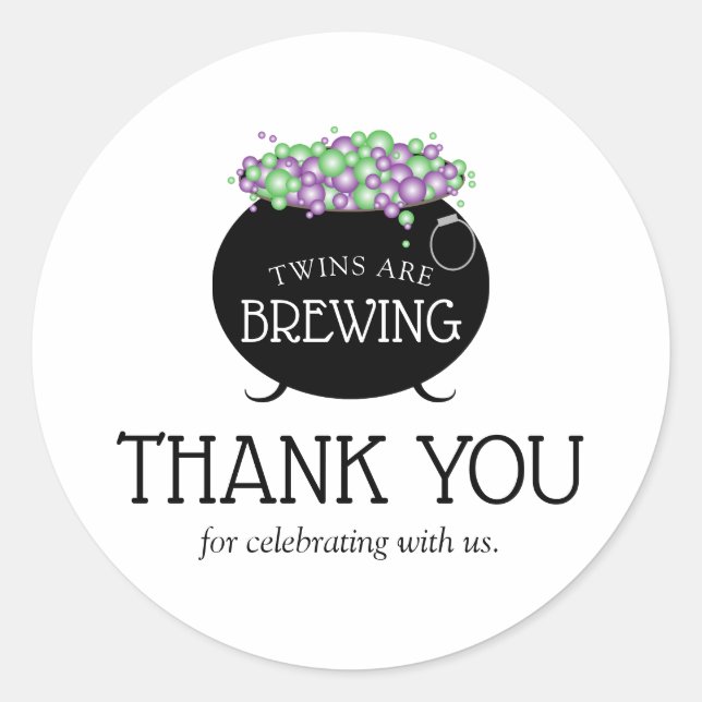 Pegatina Redonda Halloween Twins Baby Shower Witch Brew Gracias (Anverso)