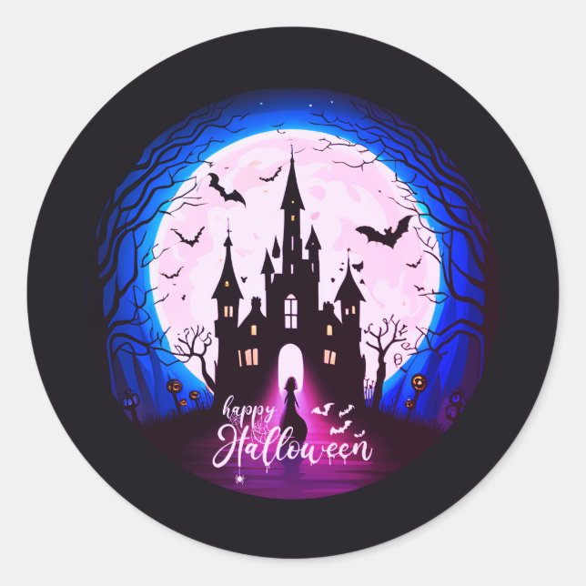Pegatina Redonda Halloween, un castillo feliz (Anverso)