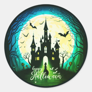 Pegatina Redonda Halloween, un castillo feliz