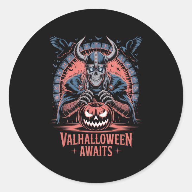 Pegatina Redonda Halloween Valhalloween Awaits - Valhalla Viking Sk (Anverso)