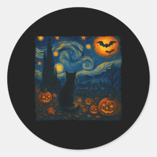 Pegatina Redonda Halloween Van Gogh Noche Estrellada Gatos Negros C