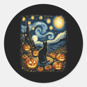 Pegatina Redonda Halloween Van Gogh Noche estrellada Gatos negros C
