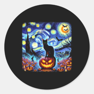 Pegatina Redonda Halloween Van Gogh Starry Night Black Cat Pumpkins