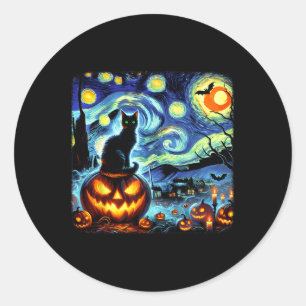 Pegatina Redonda Halloween Van Gogh Starry Night Black Cat Pumpkins