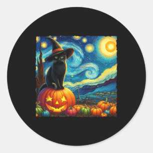 Pegatina Redonda Halloween Van Gogh Starry Night Black Cat Wbruja H