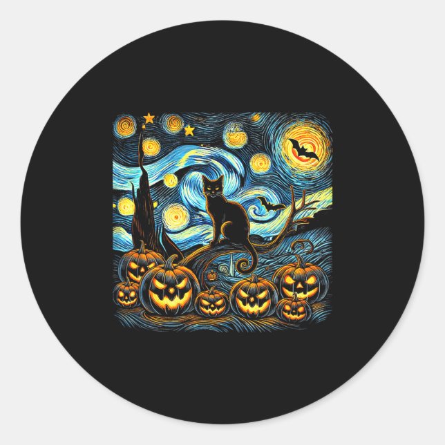 Pegatina Redonda Halloween Van Gogh Starry Night Pumpkin Black Cat  (Anverso)