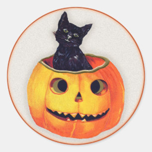 Pegatina Redonda Halloween vintage - Gato negro en un Jack O'Lanter