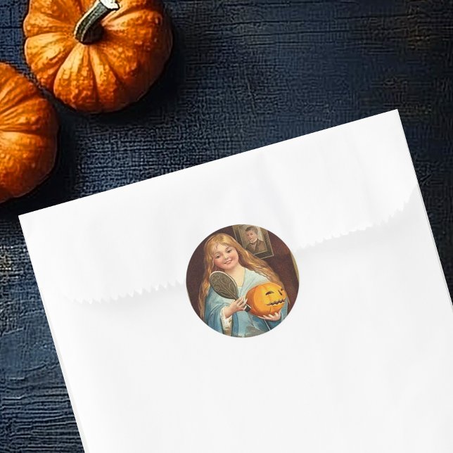 Pegatina Redonda Halloween Vintage Lady con espejo) (Halloween Vintage Lady With Mirror) Classic Round Sticker)