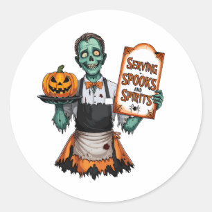 Pegatina Redonda Halloween Waiter sirve a los fantasmas y espíritus
