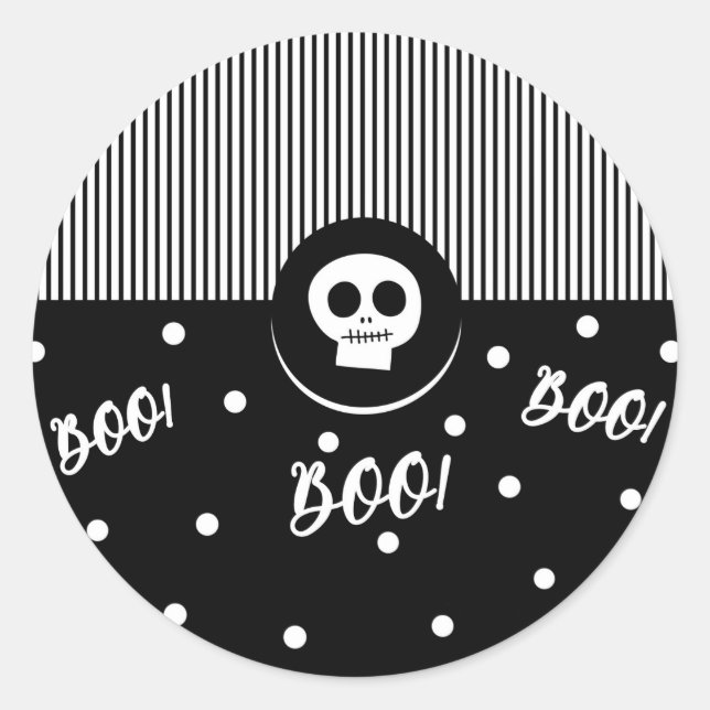 Pegatina Redonda Halloween Whimsical Boo Skull Fiesta Blanco y Negr (Anverso)