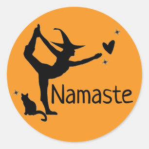 Pegatina Redonda Halloween Witch Black Cat Yoga Namaste Naranja Cut