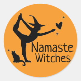 Pegatina Redonda Halloween Witch Namaste bruja al Naranja negro del