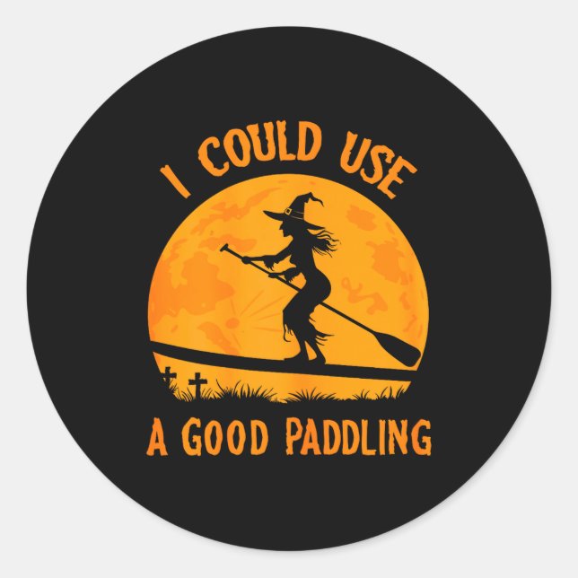 Pegatina Redonda Halloween Witch Paddleboarder Sup Standup Paddling (Anverso)