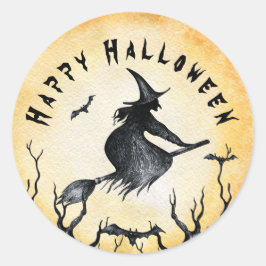Pegatina Redonda Halloween Witch Spooky Black Bats