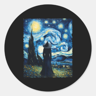 Pegatina Redonda Halloween Witch Starry Night Van Gogh Aesthetic Pa