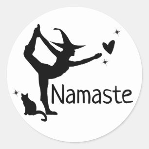 Pegatina Redonda Halloween Witch White Black Cat Yoga Namaste Fun