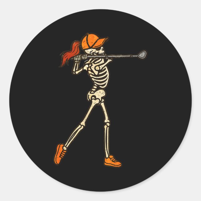 Pegatina Redonda Halloween Women Golf Skeleton Funny Golf Halloween (Anverso)