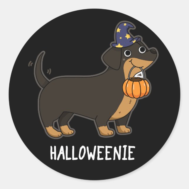 Pegatina Redonda Halloweenie Funny Sausage Dog Pun Dark BG (Anverso)