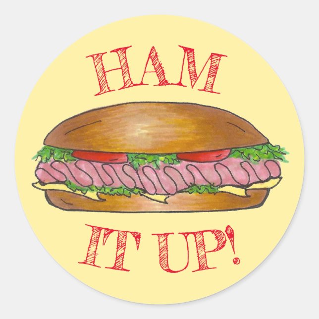 Pegatina Redonda Ham It Up Hoagie Sub Grinder Sandwich Queso (Anverso)