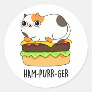 Pegatina Redonda Ham-Purr-Ger Funny Cat Hamburger Pun