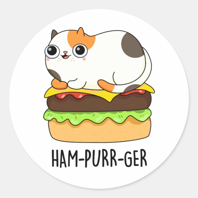 Pegatina Redonda Ham-Purr-Ger Funny Cat Hamburger Pun (Anverso)