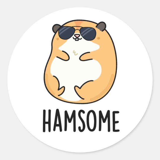 Pegatina Redonda Ham-some Funny Handsome Hamster Pun (Anverso)