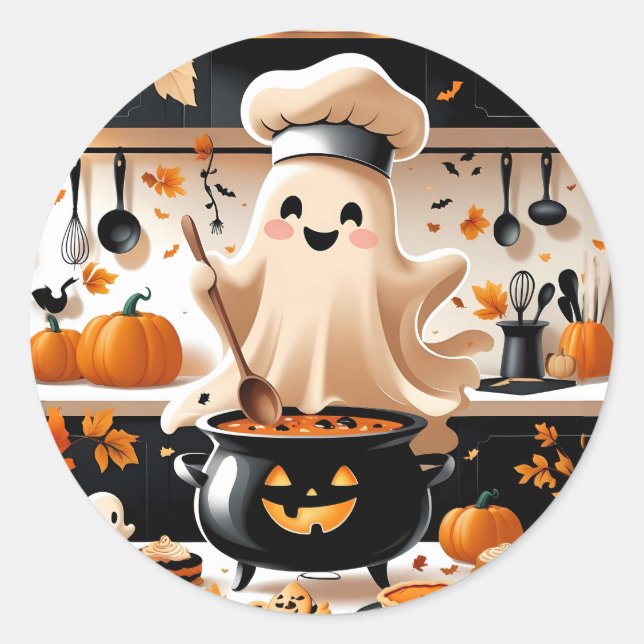 Pegatina Redonda Hambriento y hambriento - Kawaii Ghost Chef en Kit (Anverso)