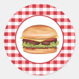 Pegatina Redonda Hamburger Fast Food Ilustracion En Red Gingham