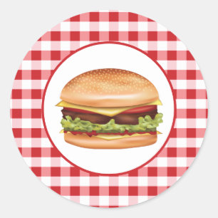 Pegatina Redonda Hamburger Fast Food Ilustracion En Red Gingham