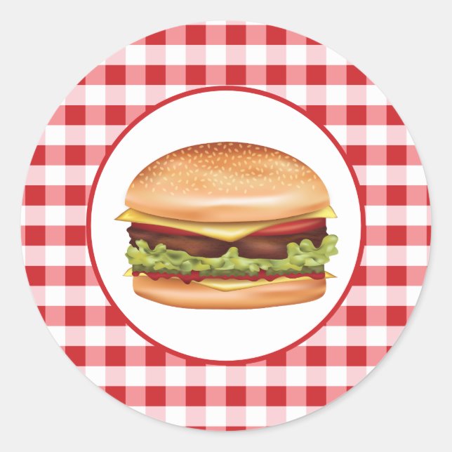 Pegatina Redonda Hamburger Fast Food Ilustracion En Red Gingham (Anverso)
