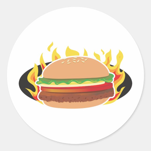 Pegatina Redonda Hamburguesa en llamas (Anverso)