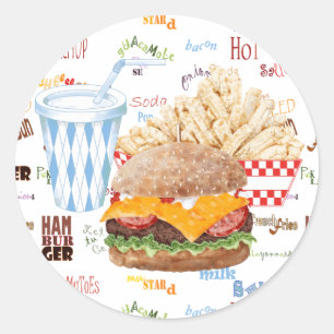 Pegatina Redonda Hamburguesa Fries Fast Food BBQ Diner