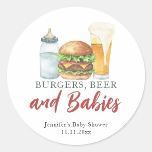 Pegatina Redonda Hamburguesas, cerveza y bebés - Baby shower