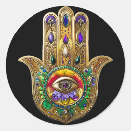 Pegatina Redonda Hamsa de oro pintado amatista rubí tercer ojo