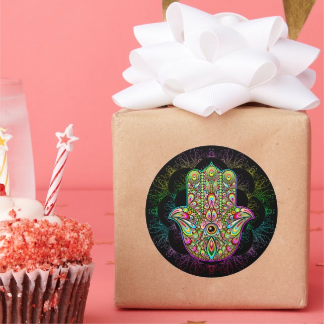 Pegatina Redonda Hamsa Fatma Hand Psychedelic Art (Fiesta)