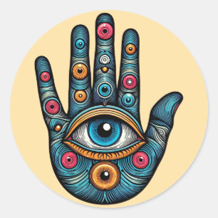 Pegatina Redonda Hamsa Hand con ilustracion de arte visual