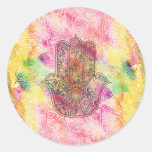 Pegatina Redonda HAMSA Mano del símbolo Fátima amuleto Henna floral