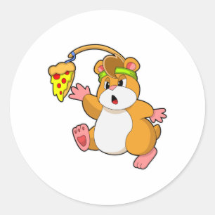 Pegatina Redonda Hámster al comer con pizza