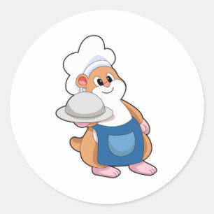 Pegatina Redonda Hámster como cocinero con bandeja