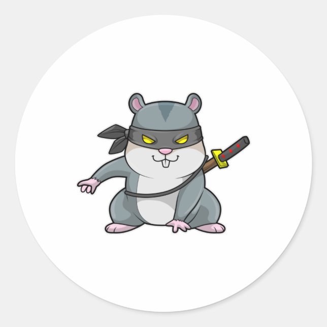 Pegatina Redonda Hámster como Ninja en artes marciales con espada (Anverso)