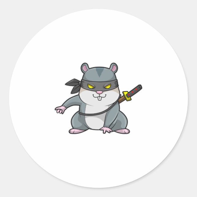 Pegatina Redonda Hámster como Ninja en artes marciales con espada (Anverso)