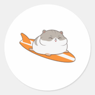 Pegatina Redonda Hamster como surfista con Surfboard