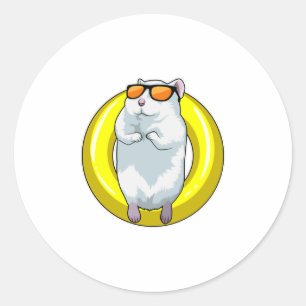 Pegatina Redonda Hamster en Natación con anillo de natación