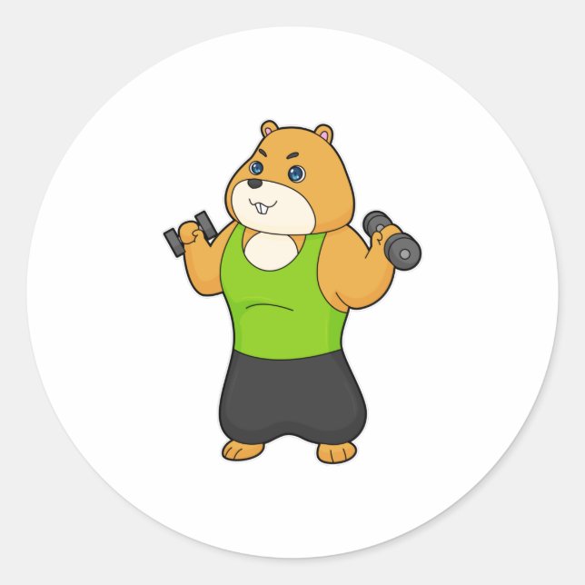 Pegatina Redonda Hamster Fitness Dumbbell (Anverso)