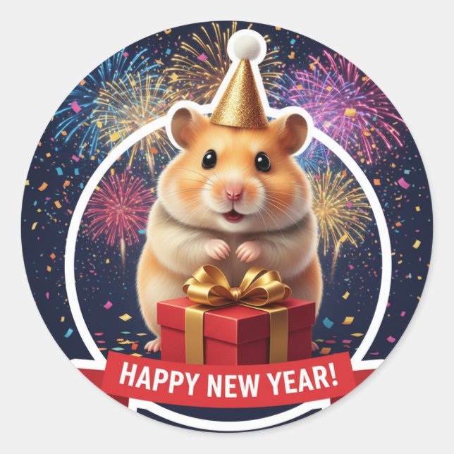 Pegatina Redonda Hamster New Year Celebration Sticker (Anverso)